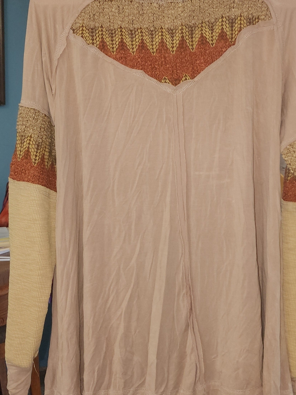 POL Women's Neutral Patchwork Sleeve Henley Top - Beige Sz SM - Picture 3 of 6